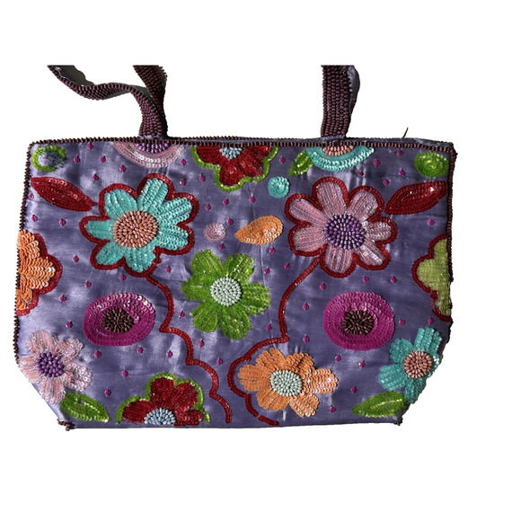 Handmade Floral Sequin Handbag Womens M Purple Satin Beaded Evening Purse Boho - Picture 3 of 10